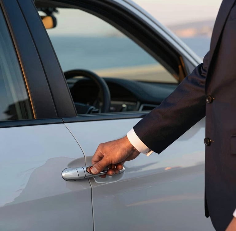 Close-up of a professional driver in a dark suit opening a polished vehicle door, crisp white shirt cuffs, soft golden-hour Aegean light, shallow depth of field.