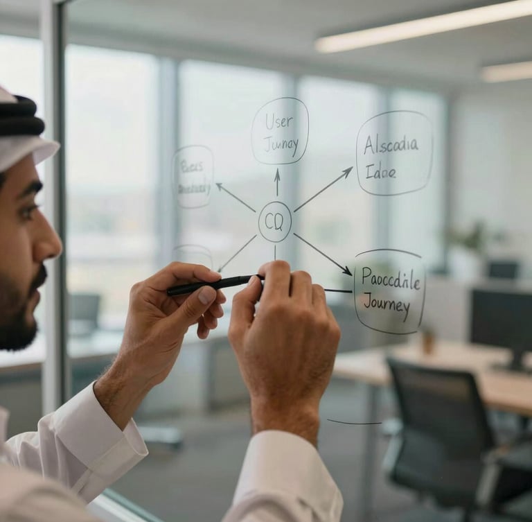 Close-up of hands of an Arab professional sketching a user journey map on a glass whiteboard, warm natural lighting, focused atmosphere, modern office context.