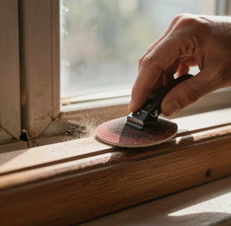 Extreme close-up of a craftsman's hand using fine-grit sandpaper on a historic wooden window frame, bright natural morning light, dust particles visible, razor-sharp focus