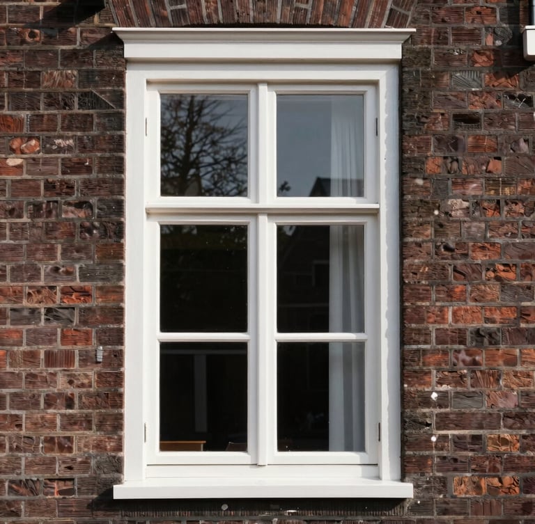 Crisp, bright morning shot of an immaculate white wooden window frame on a classic Dutch brick facade, razor-sharp paint lines and high-gloss sheen reflecting daylight.