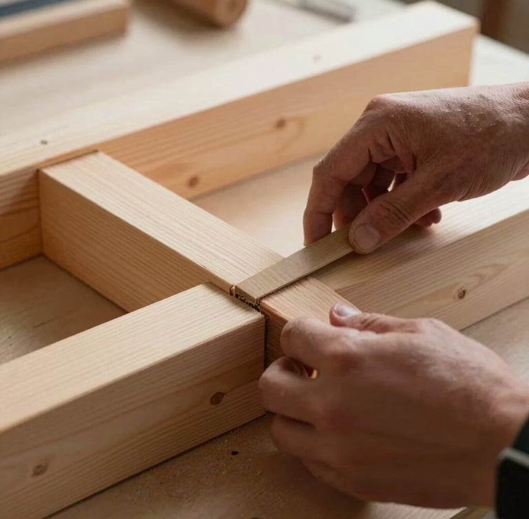 Scherpe detailopname van een schilder die met uiterste precisie een houten kozijn schuurt, verlicht door helder ochtendlicht dat de gladde textuur benadrukt.