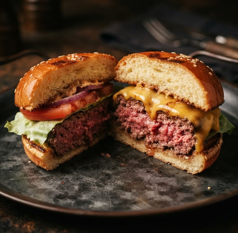 Macro shot of a thick-patty burger cut in half, showing perfect pink juicy center, melting cheddar cheese, on a dark rustic metal tray, warm low-key side-light, shallow depth of field, 35mm