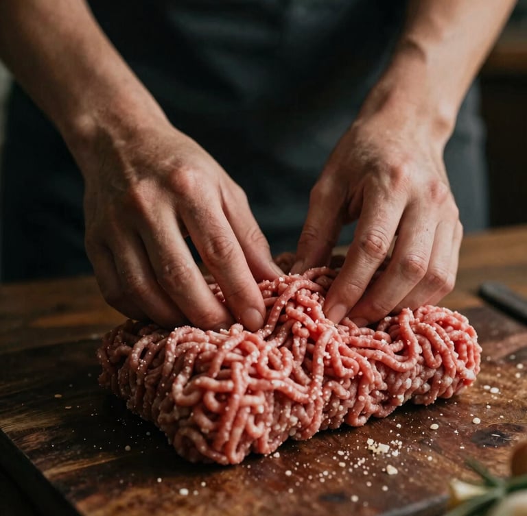 Close-up of raw ground beef blend being shaped by hands in a rustic kitchen, warm side-lighting, dark charcoal background, shallow depth of field, 35mm