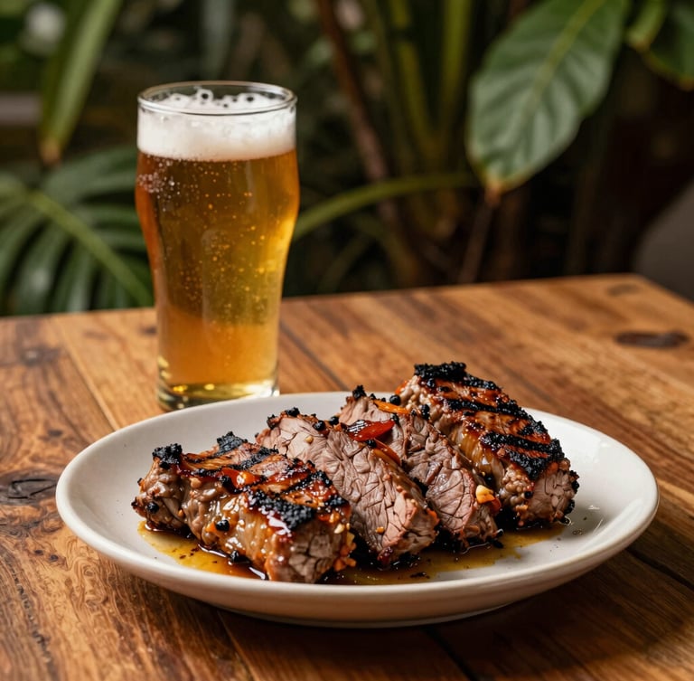 Eye-level shot of a grilled Peruvian meat dish served on a rustic wooden table, beside a glass of amber-colored beer with a thick head of foam, warm low-key lighting, shallow depth of field