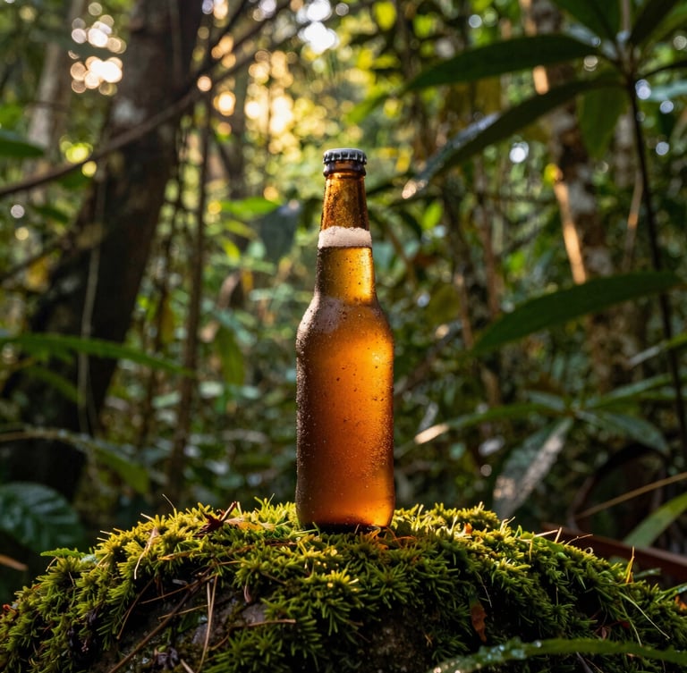A premium condensation-covered beer bottle standing on a mossy rock in the Amazon rainforest, warm golden-hour light filtering through dense green canopy, rich textures, 35mm.