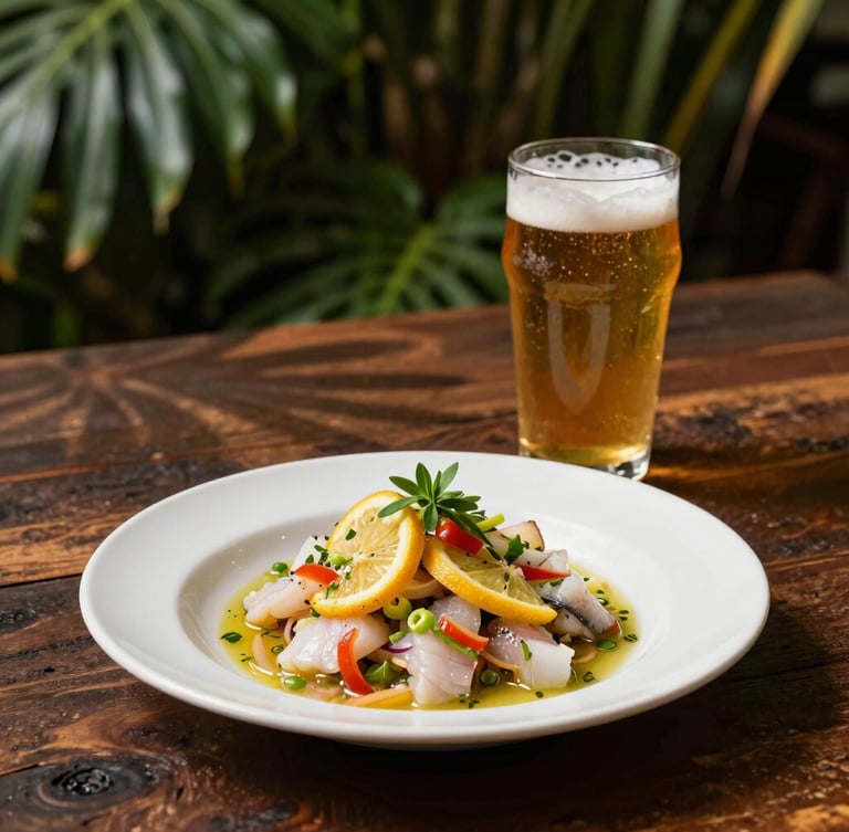 A gourmet plate of fresh Peruvian tiradito fish with citrus dressing, paired with a glass of golden Pale Ale beer, set on a dark rustic wooden table, soft jungle leaf shadows, warm editorial photography.