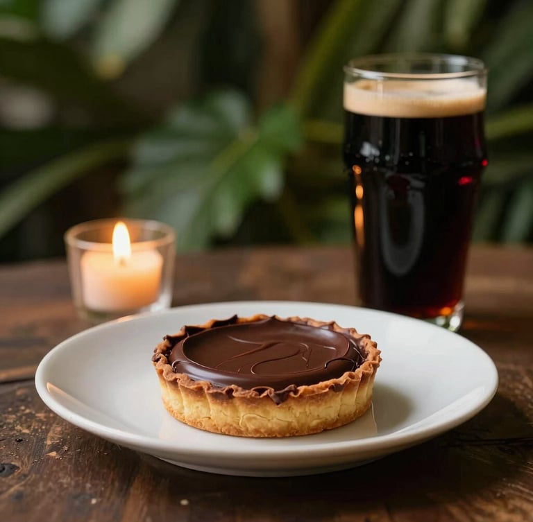 A premium chocolate tart beside a glass of dark stout beer, rich dark tones, soft candlelight highlighting the velvety texture of chocolate and the deep ruby highlights of the beer, shallow depth of field