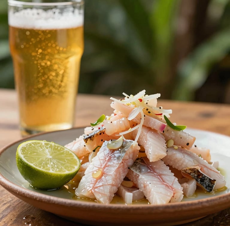 A fresh Peruvian ceviche served on a rustic plate next to a glass of golden beer, warm afternoon light, macro shot focusing on lime droplets and fresh fish textures