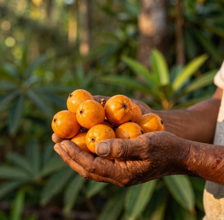 Close-up of weathered hands of an Amazonian farmer holding freshly harvested bright orange aguaje fruits, warm golden-hour sunlight, shallow depth of field, rich greens and earth tones