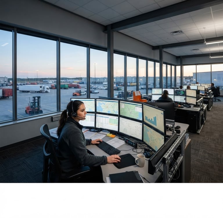 Wide panoramic shot of a modern dispatch office at dawn, multiple monitors displaying logistics maps, a dispatcher in the foreground, crisp early morning daylight, industrial editorial photography.