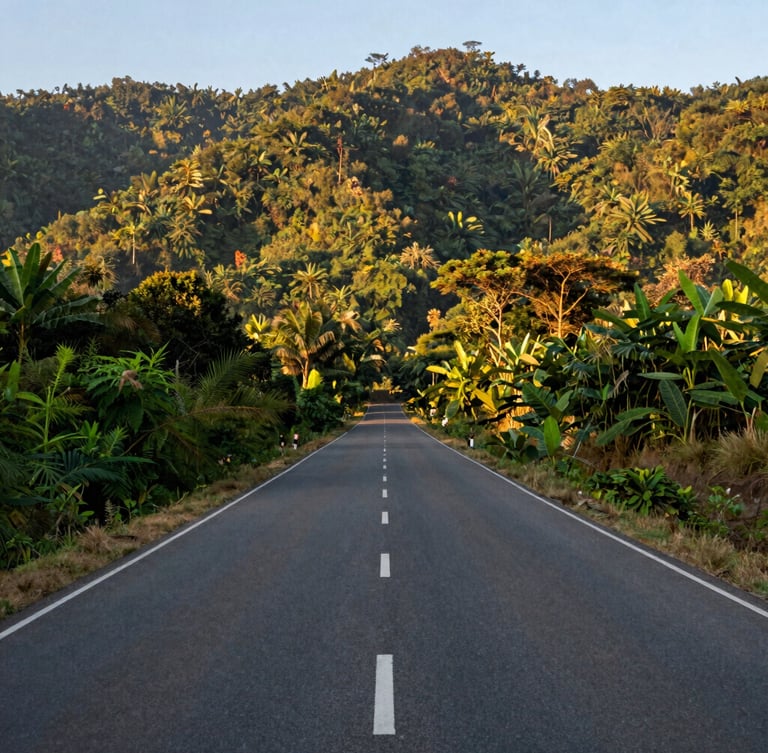Wide-angle low-angle perspective shot of a modern paved road leading toward the foothills of Jim Corbett, morning sun, rich forest greens