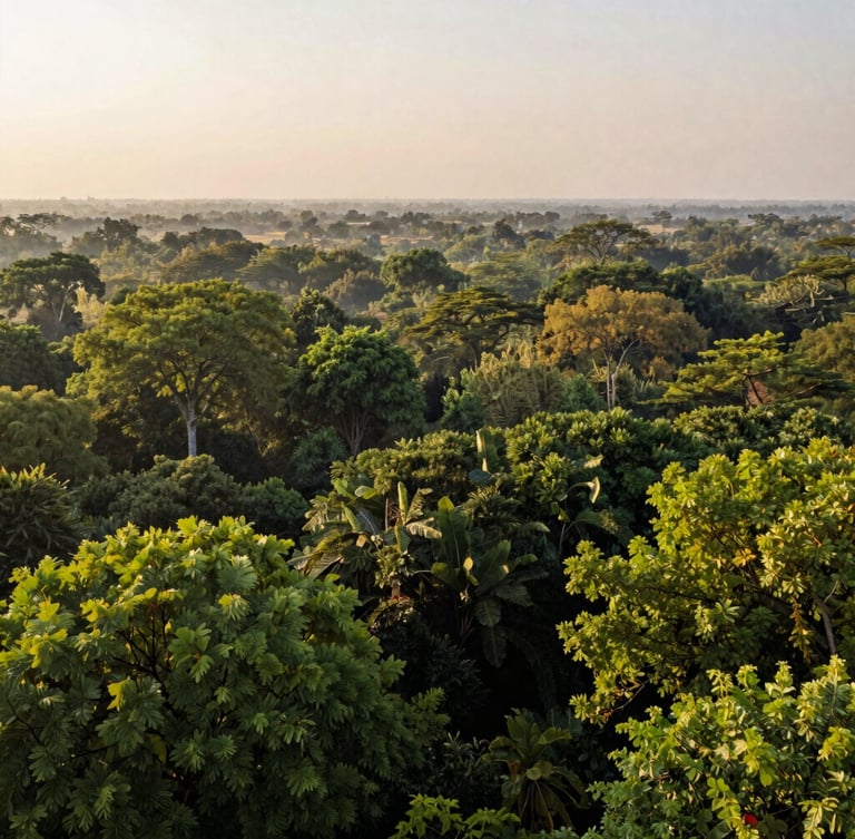 Lush wide-angle landscape of Jim Corbett forest canopy during morning golden hour, soft natural shadows, rich green tones