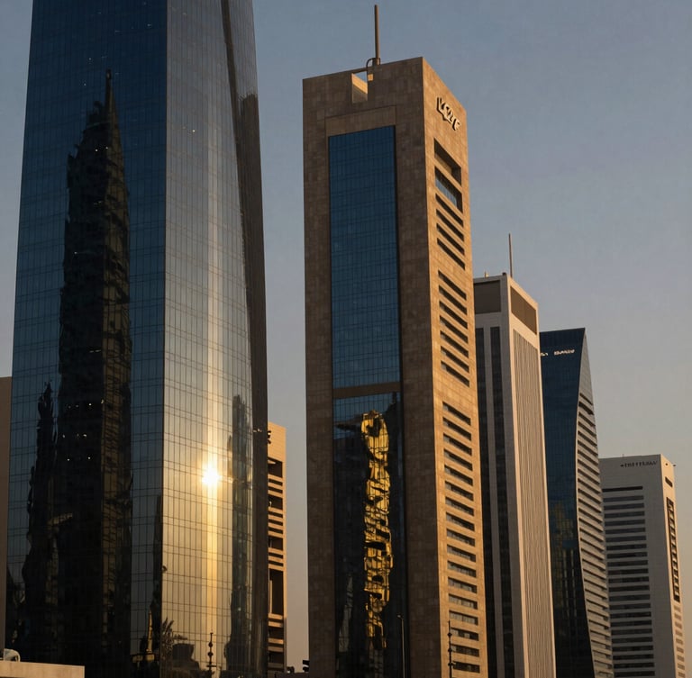 Dramatic golden-hour architectural light reflecting off modern glass skyscrapers in Dammam business district, editorial corporate photography, 35mm lens.