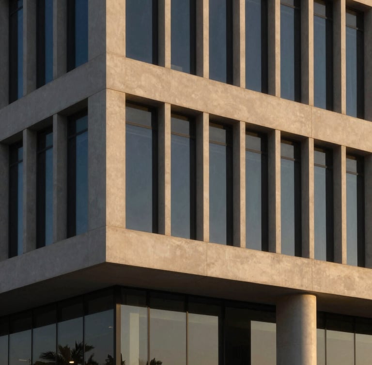 Minimalist architectural detail of a modern corporate headquarters in Dammam, clean concrete lines, dramatic golden-hour sunlight reflecting on glass, 35mm lens