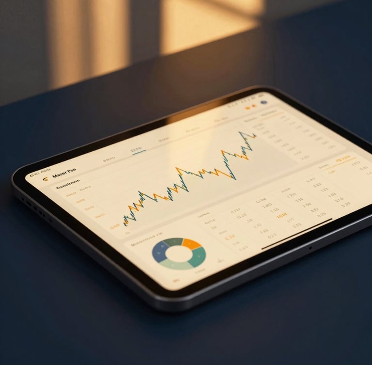 Close-up of a sleek tablet displaying a custom financial dashboard, warm golden light hitting the glass screen, dark navy background, macro lens.