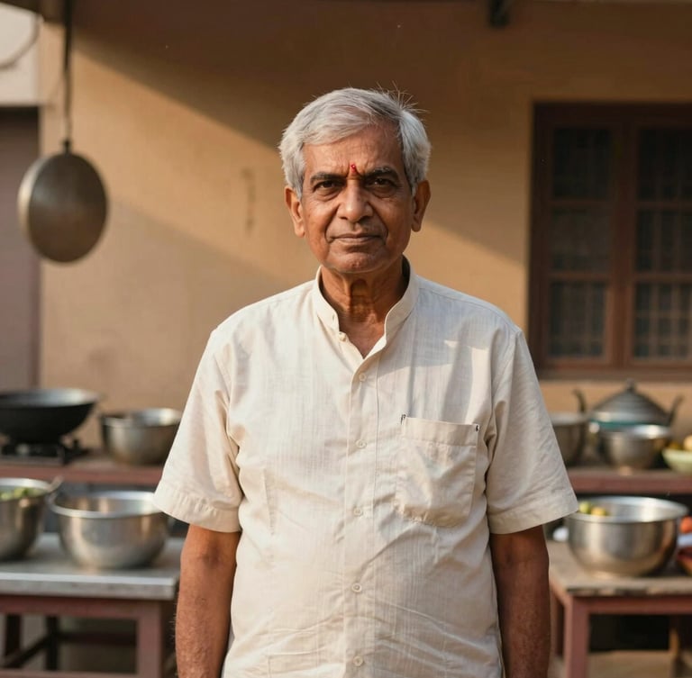 Dignified environmental portrait of founder Viresh Diwan standing in a clean, active community kitchen in India, warm lighting, authentic documentary style.