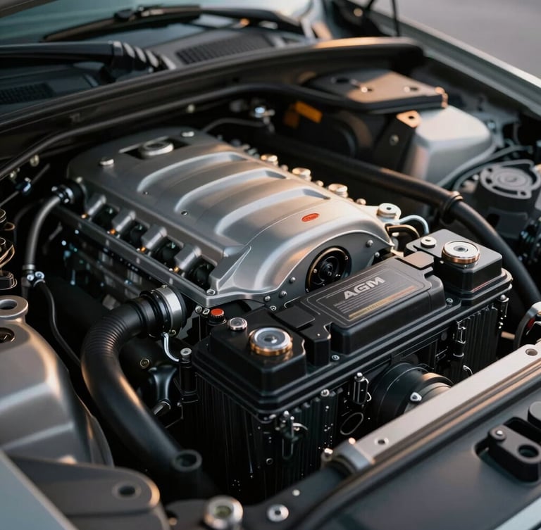 A pristine Porsche engine bay with a newly installed clean black AGM battery, sharp metallic reflections, cool ambient lighting with warm titanium highlights, macro framing.