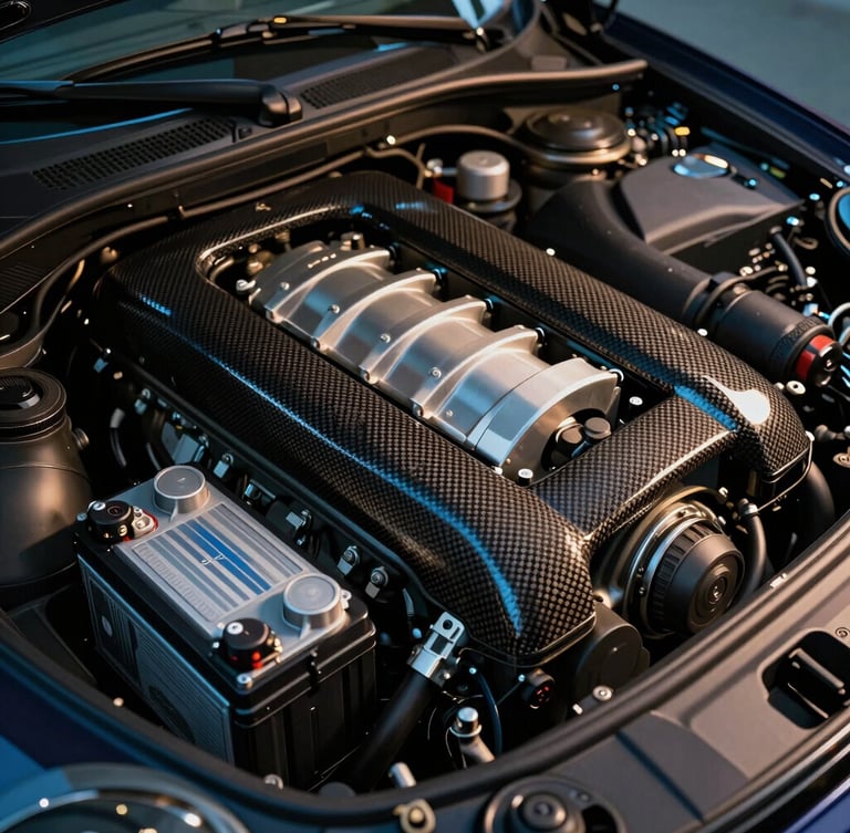 Macro shot of a pristine Porsche engine bay, clean carbon fiber covers, a newly installed high-performance AGM battery with sharp metallic reflections, cool ambient blue lighting with warm amber highlights.