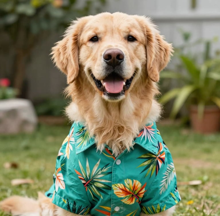 Bright pet photography of a happy golden retriever wearing a vibrant teal tropical shirt, natural daylight, eye-level portrait, outdoor garden background
