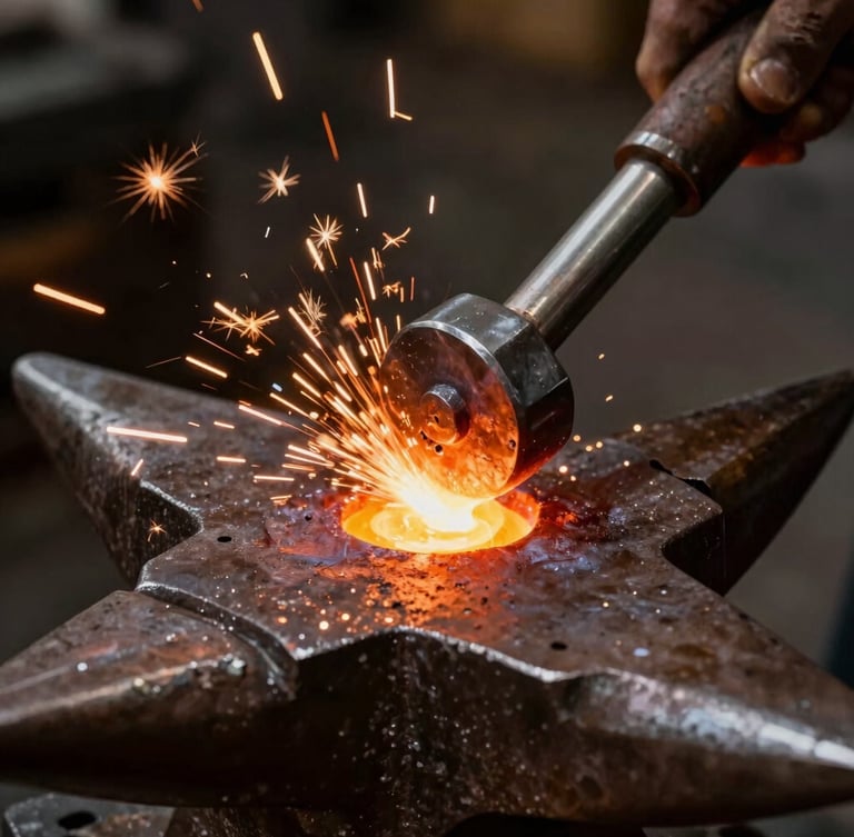 Extreme close-up macro shot of glowing molten metal being hammered on a dark steel anvil, sparks flying, dramatic chiaroscuro lighting, professional luxury photography.