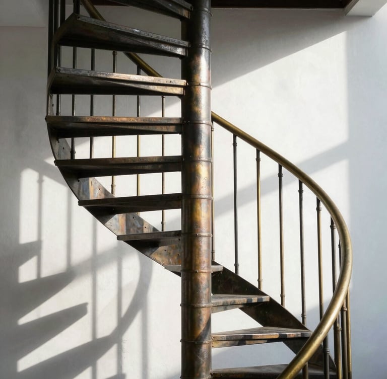 Extreme close-up of a monumental helical steel staircase, dramatic side-lighting casting graphic shadows on a stark white plaster wall, metallic sheen on hand-patinated brass handrails.