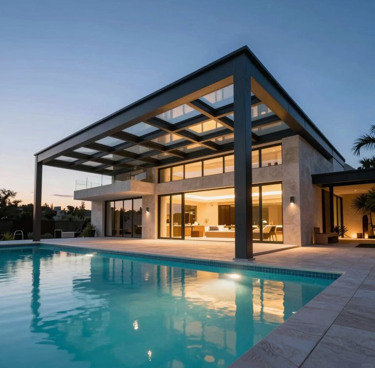 Extreme wide-angle architectural elevation of a modern Spanish villa at dusk, a monumental steel and glass pavilion framing a lit swimming pool, sharp geometric lines, dramatic side-lighting.