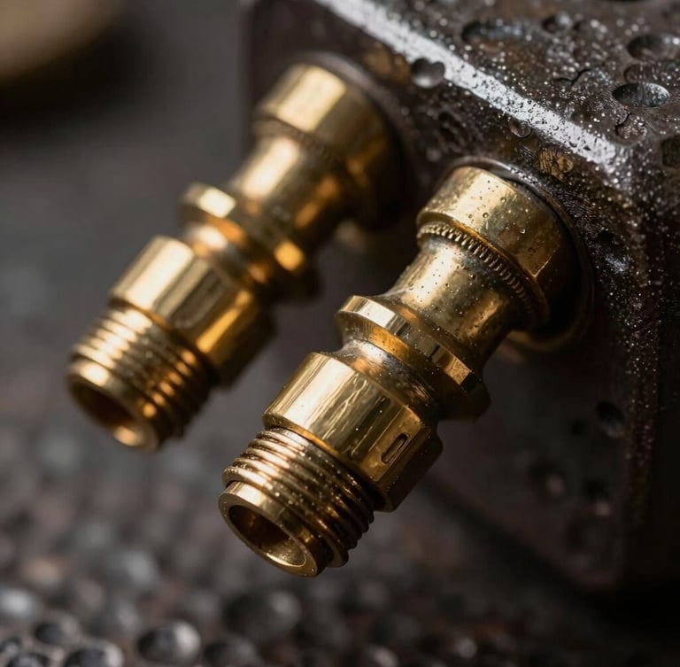 Extreme close-up of hand-patinated brass joints and hammered dark iron, dramatic side-lighting highlighting the metallic sheen, deep shadows.