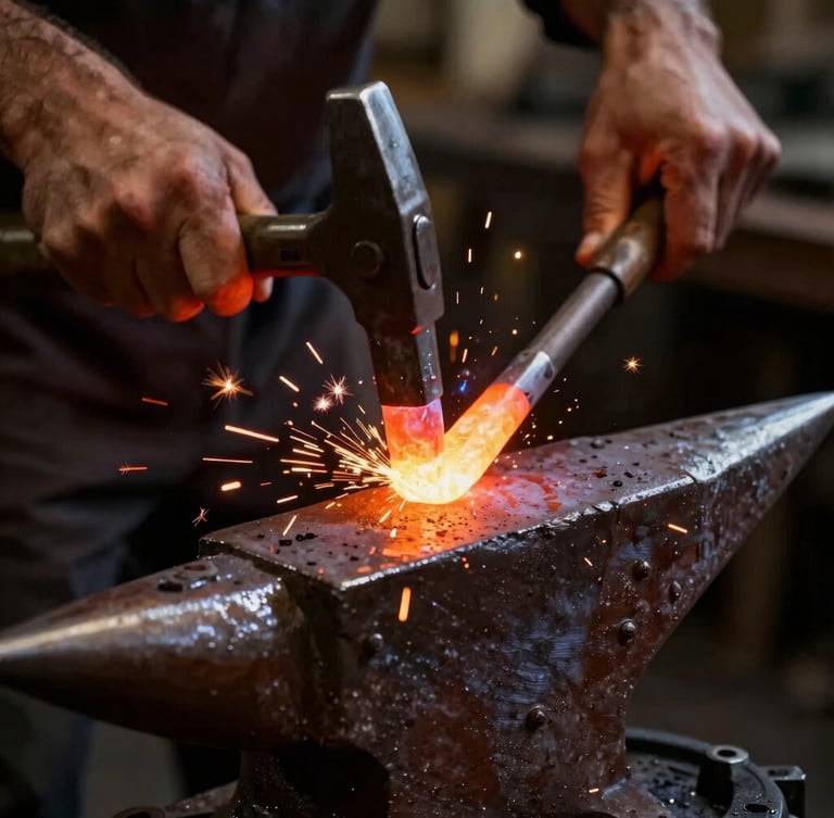Extreme macro close-up of a master blacksmith's hands hammering glowing molten iron on an anvil, sparks flying in a dark atmospheric workshop, dramatic side lighting