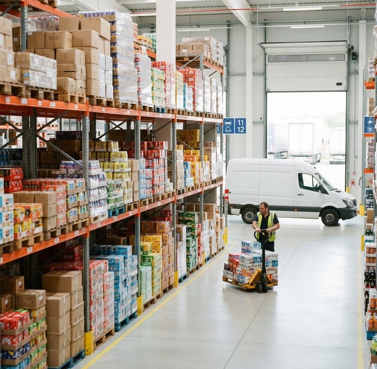 Bright commercial photography of a modern warehouse, high-key lighting, clean shelves stocked with organized boxes of beverages and snacks, a delivery van visible in the background, 35mm
