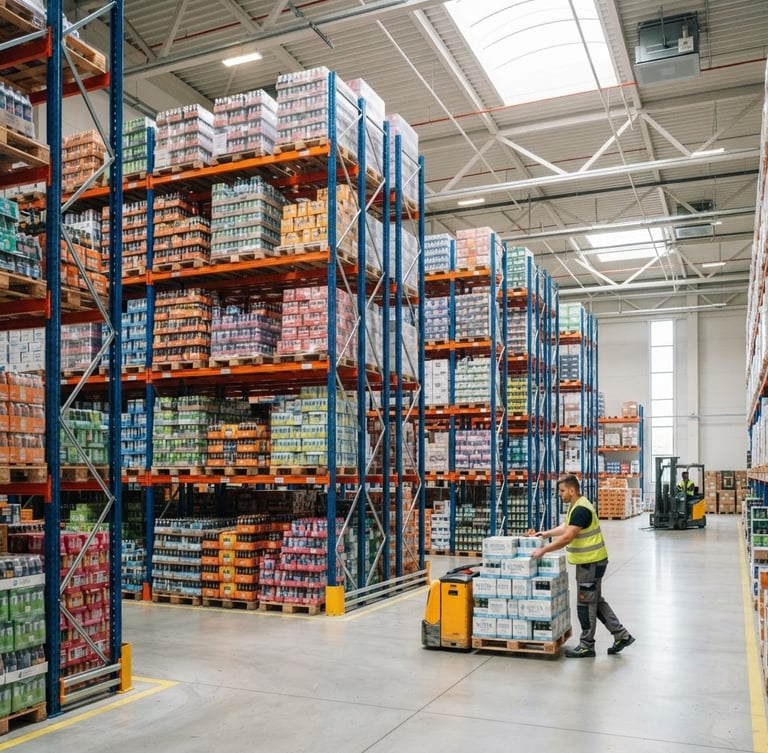Bright commercial photography of a modern logistics warehouse, clean organized shelves with boxes of beverages, bright natural daylight, sharp focus, 35mm