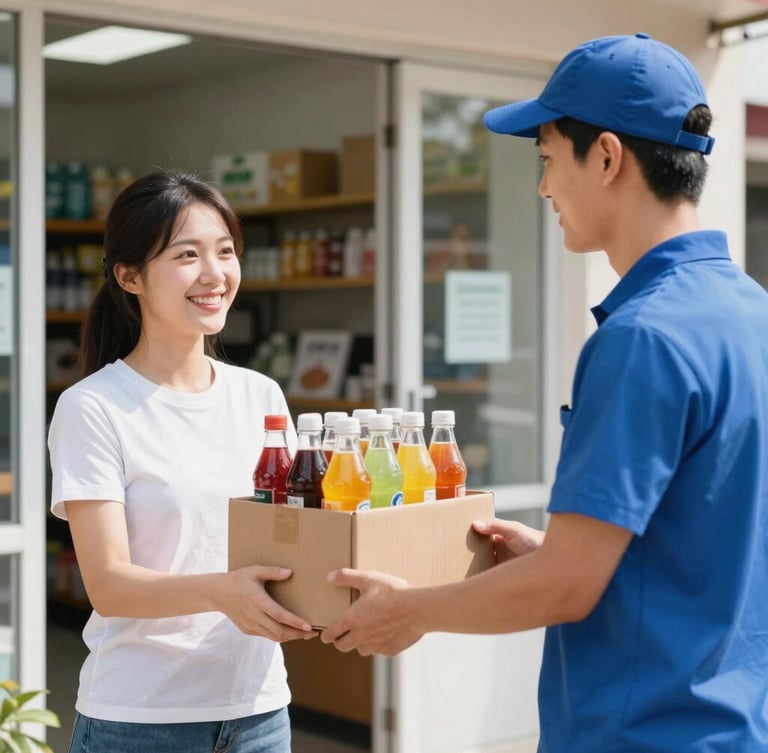 A professional delivery driver in a clean uniform handing over a box of beverages to a smiling local shop owner, bright natural daylight, commercial photography, sharp focus