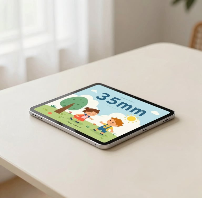 Minimalist tablet mockup on a warm cream table displaying a colorful children book cover, soft natural window light, 35mm