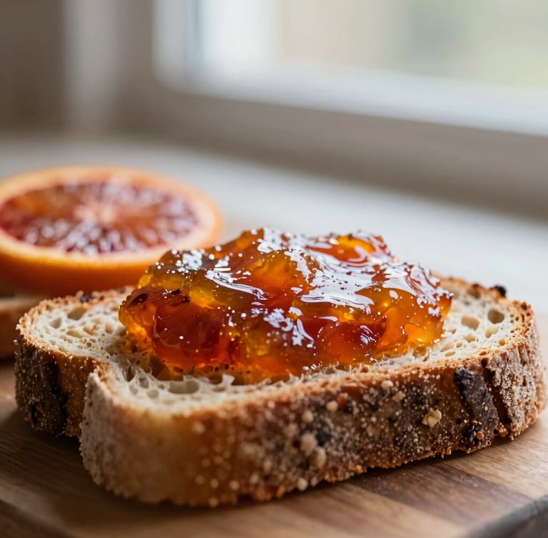 A warm, tight macro crop of glistening blood orange marmalade on rustic sourdough bread, soft morning window light, shallow depth of field, 35mm