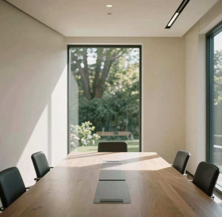 Wide environmental shot of a modern California office boardroom, soft natural light, clean architectural lines, minimalist cream walls, shallow depth of field.