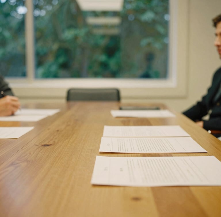 A warm collaborative session in a light-filled California boardroom, physical documents on a wooden table, soft window light, shallow depth of field, 35mm