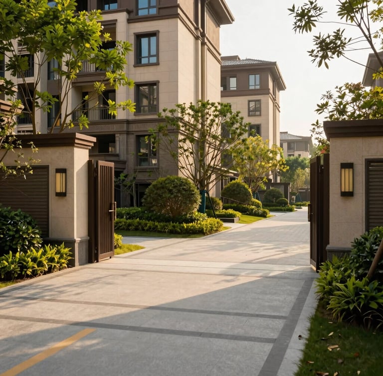 Warm daylight architectural shot of a secure gated residential community entrance with clean pathways and lush green landscaping
