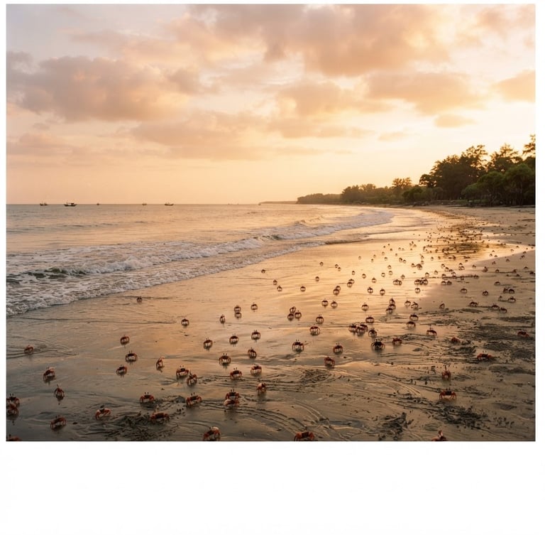 Wide golden-hour panoramic shot of Tajpur sea beach with soft waves and red crabs on the sand, warm 35mm photography