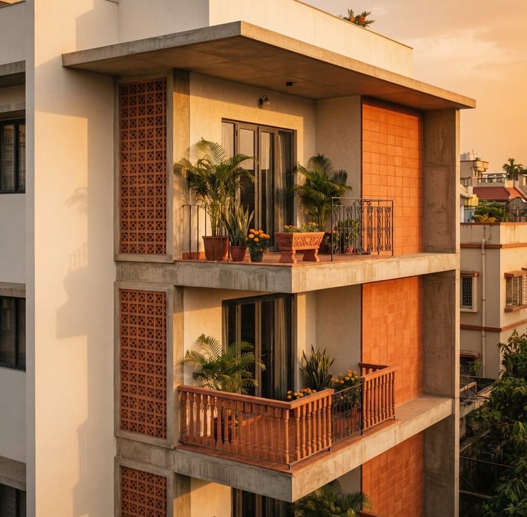 A warm golden-hour architectural detail of a modern G+4 residential building in Kolkata, clean lines, terracotta accents, soft shadows, 35mm lens