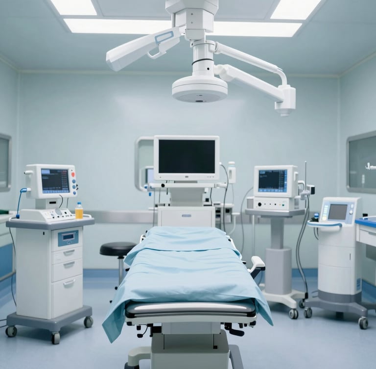 Medium-wide shot of an empty, clean, modern operating room with sterile medical equipment, soft diffused daylight, calming slate blue and white tones, professional clinical setting, 35mm lens.