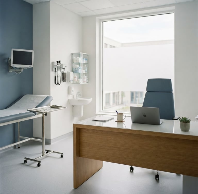 Modern, sterile medical consultation room with a professional atmosphere, soft diffused daylight, clean slate blue and white tones, no people, 35mm lens