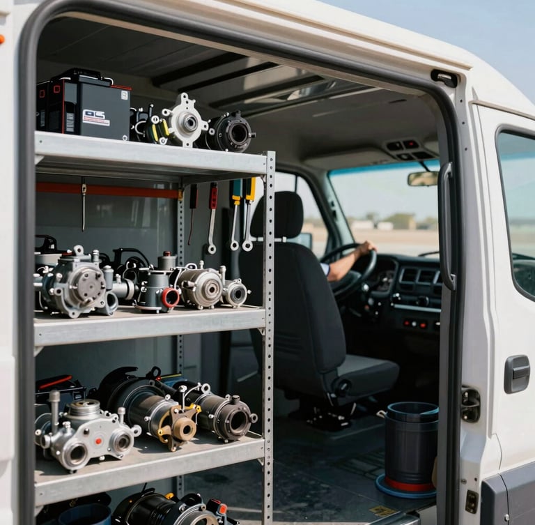 Medium close-up inside a Phoenix AC Systems service truck, shelves packed with OEM parts, organized tools hanging, cool shadowed interior. Technician's hands visible in the background, sharp focus, 35mm.