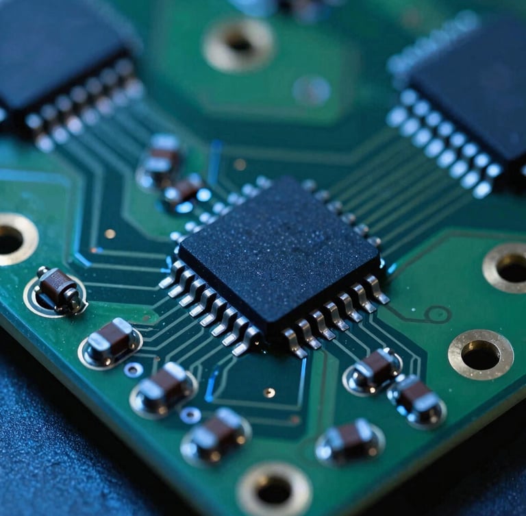 Extreme close-up macro shot of a green printed circuit board with soldered resistors and microchips, high-contrast bench lighting with electric blue backlighting, shallow depth of field, laboratory environment.
