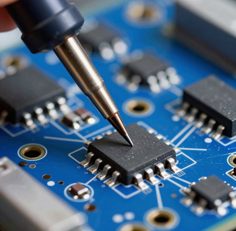 Extreme macro close-up of a high-density PCB under amber bench lighting, soldering iron tip touching a surface mount resistor, shallow depth of field, technical lab environment