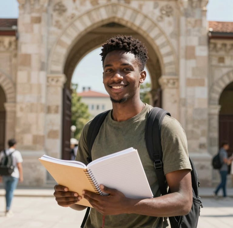A portrait of an African student smiling, holding notebooks, standing in front of a historic stone university archway in Turkey, warm sun-drenched lighting
