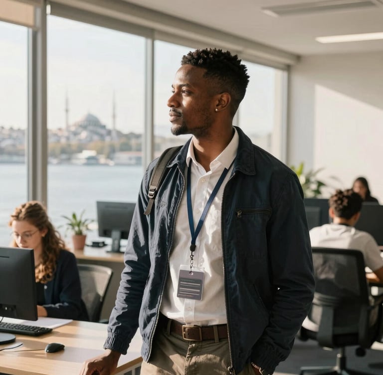 A confident young African professional standing in a sunlit modern office in Istanbul, looking out toward the Bosphorus, warm editorial lighting.