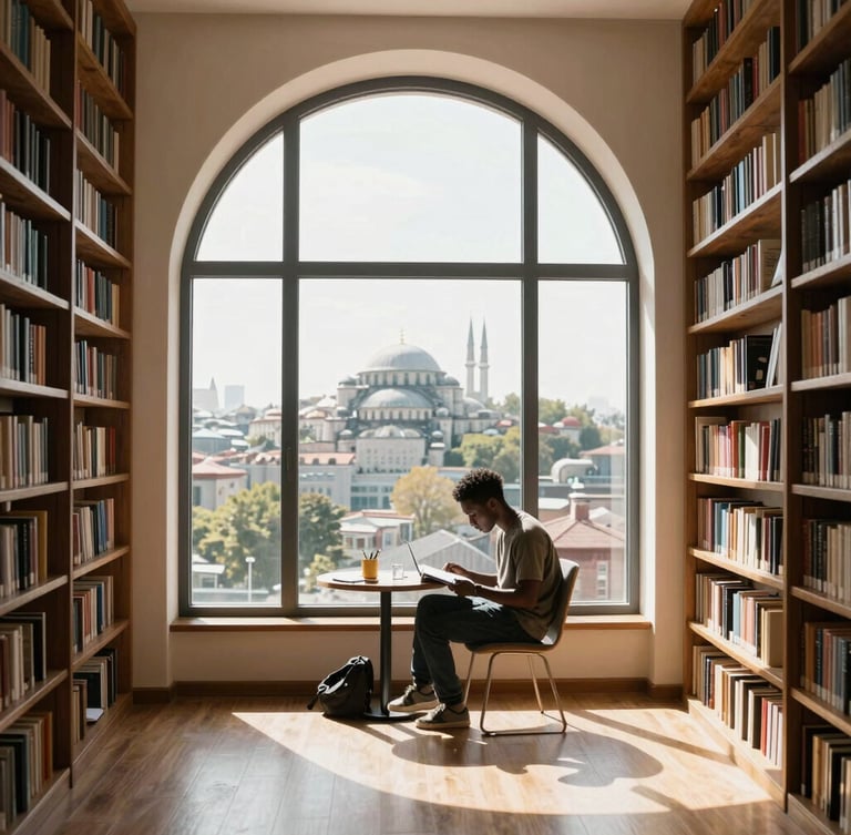 Bright sun-drenched modern library interior with an African student studying near a large arched window overlooking Istanbul, warm editorial photography, 35mm lens.