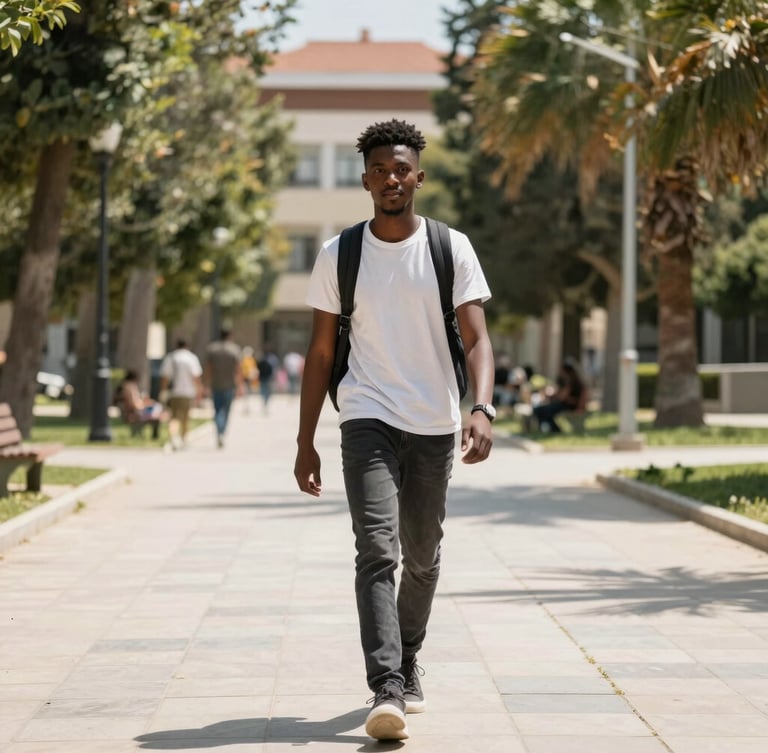 A warm natural daylight portrait of an African student walking on a sunny Turkish university campus, looking confident, 35mm lens, rich editorial tones.