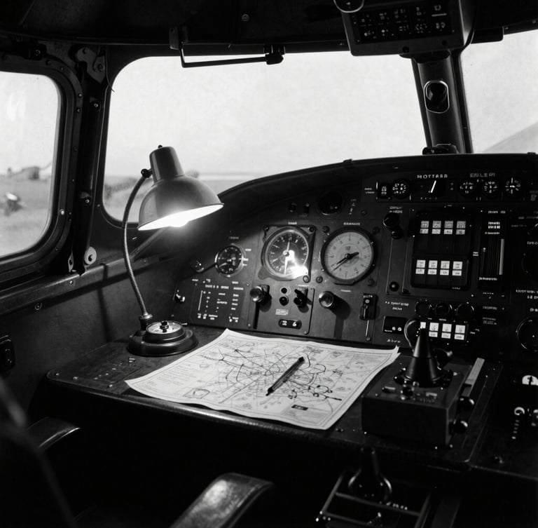 Archival black and white photograph of a Lancaster bomber cockpit, focusing on the navigator's desk with maps, compass, and a dim desk lamp, high contrast shadows.