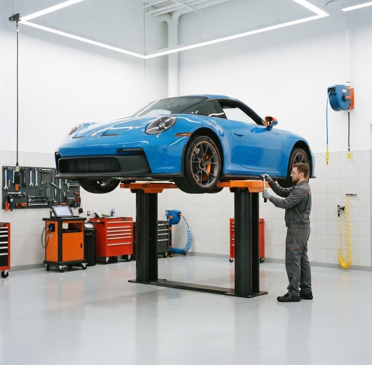 Spotless, brightly lit modern automotive service bay with clean white floors, a vehicle elevated on a hydraulic lift, and high-visibility safety orange accents, sharp focus, 35mm