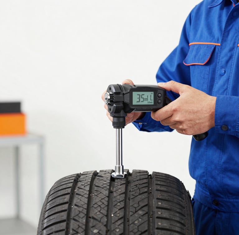 Close-up of a technician in a clean branded uniform using a digital torque wrench on a pristine tire lug nut, bright studio workshop lighting, sharp focus, 35mm